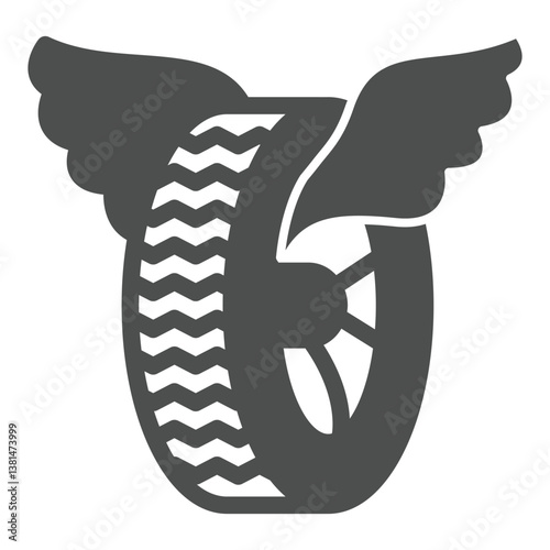 Car wheel with wings solid icon, tires fitting concept. Vector graphics. Used rubber tire, changing wheels sign on white background, glyph style icon for mobile or web design.