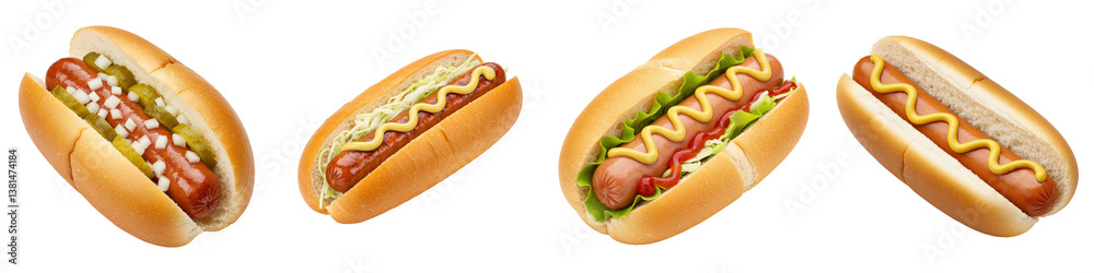 Four hot dogs with various toppings. Four hot dogs with various toppings.