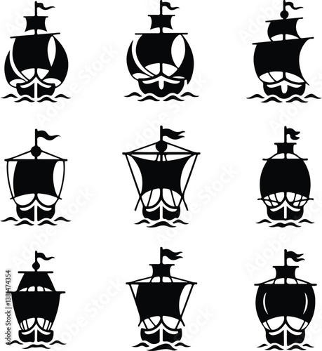 Ships with Sails Silhouette | Nautical, Marine, and Sailing Vessel Illustration Ships with Sails Silhouette | Vintage and Pirate Ship Vector Collection