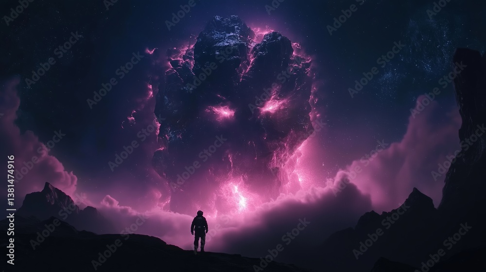 Fototapeta premium Astronaut encounters a giant creature on a distant alien planet during a foggy atmosphere