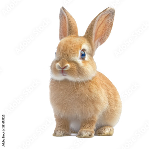 Cute Brown Rabbit Sitting Upright on a White Background With Attentive Expres...