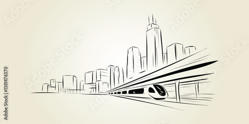 City skyline sketch vector illustration of urban buildings with a sleek running  train