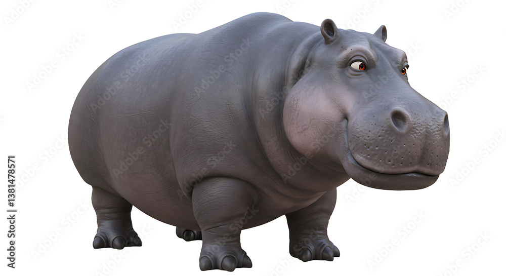 Cartoon Hippopotamus Standing Isolated on White Background with Cute Expression