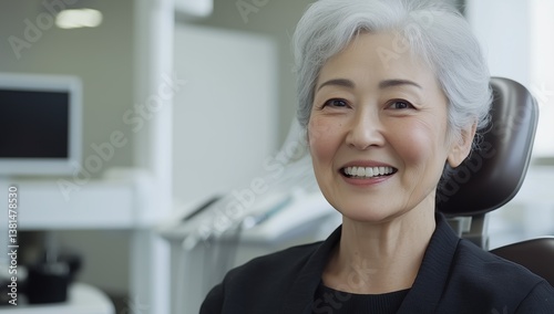 Smiling elderly woman sitting in a dental chair at a modern clinic. Concept of senior dental care, oral health, and a confident, happy patient experience. Free Download Smiling elderly woman sitting in a dental chair at a modern clinic. Concept of senior dental care, oral health, and a confident, happy patient experience. - GFXLoad