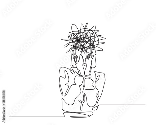 Continuous one line drawing of a woman with confused feelings worried about bad mental health. Problems, stress, sad and depression concept in doodle style. Liner Vector illustration.  Editable stroke