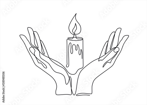 Continuous line drawn human hand hold candle flame. Memorial linear symbol. Vector illustration isolated on white.  Editable stroke.