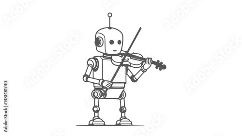 Robot plays violin. Robot has antenna, round eyes, and mechanical details. Use illustration for music, technology, and arts education. Line art drawing, flat angle, white background