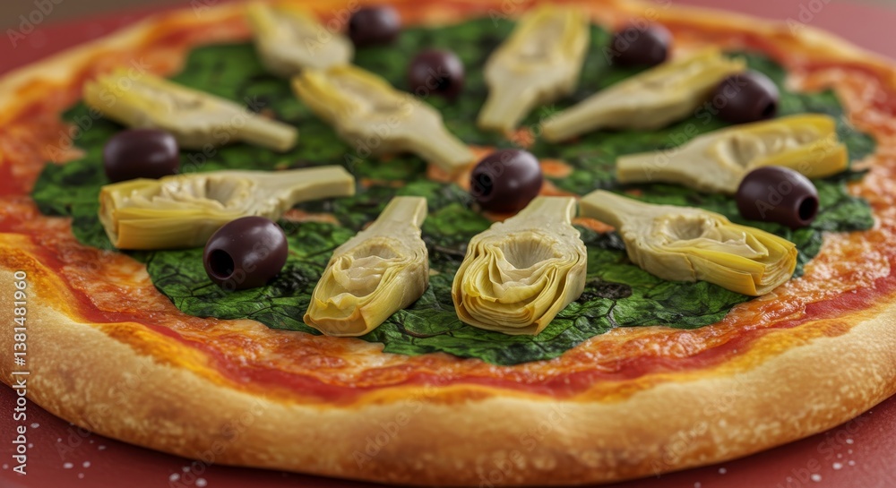 Delicious Artichoke, Olive, and Spinach Pizza - A delectable pizza featuring artichoke hearts, Kalamata olives, spinach, and a rich tomato sauce Delicious Artichoke, Olive, and Spinach Pizza - A delectable pizza featuring artichoke hearts, Kalamata olives, spinach, and a rich tomato sauce