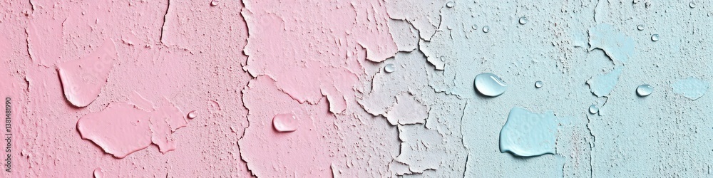 Obraz premium A serene pastel pink and light blue background with water droplets on a distressed painted wall
