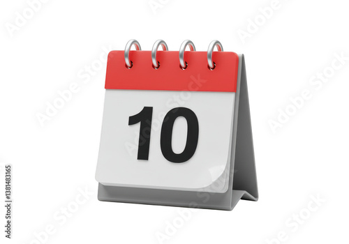 3D Desk calendar displaying the tenth day of the month on transparent background