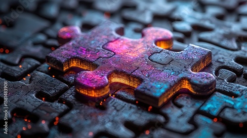 A vibrant mosaic of digital puzzle pieces, each glowing with a soft, inner light, connected in a seamless network, symbolizing the power of connectivity and technological innovation in overcoming 