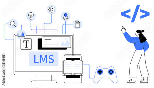 Computer screen displaying LMS interface with interactive icons, open book, digital gamepad, and code enthusiast pointing. Ideal for e-learning, training, education, software, technology gaming
