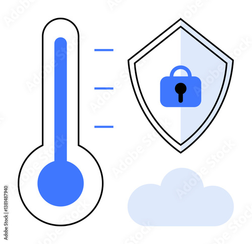 Thermometer next to shield with lock icon, blue cloud beneath. Ideal for cybersecurity, data protection, cloud storage, temperature control, network safety, secure data online privacy. Abstract line