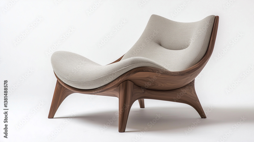 Modern sculptural lounge chair with flowing organic shape and walnut wood frame – minimalist design object