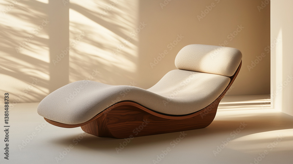 Modern sculptural lounge chair with flowing organic shape and walnut wood frame – minimalist design object