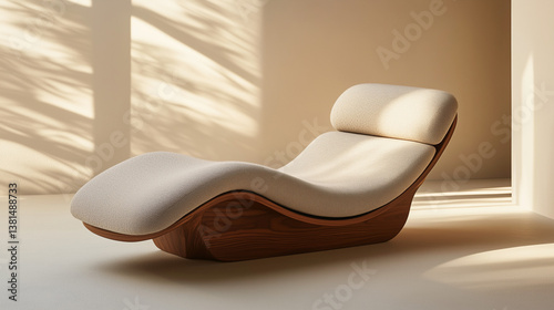 Obraz na płótnie Modern sculptural lounge chair with flowing organic shape and walnut wood frame – minimalist design object w salonie
