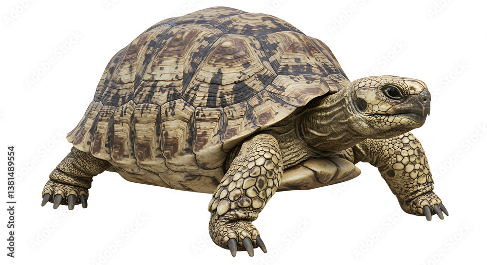 Fototapeta premium Leopard Tortoise Walking Isolated on White Background Reptile Close-Up Studio Shot