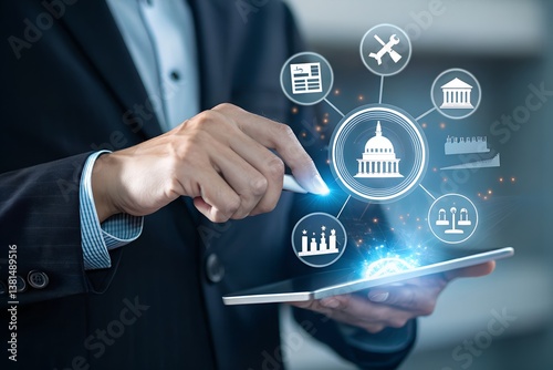 Public sector concept. government, education, health, municipal service, provide people infrastructure. Person hold public sector icon on virtual screen. 