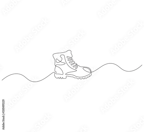 Mountain boots outline drawing illustration. Continuous line draw of mountain boots vector.