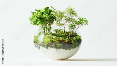 Miniature Ecosystem in a Glass Sphere A Lush Green Forest Enclosed in a Transparent Globe for