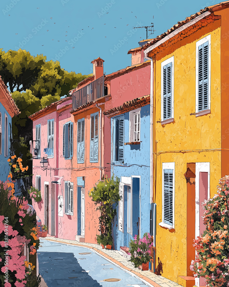 Charming colorful street with pastel houses and shutters – Mediterranean village illustration