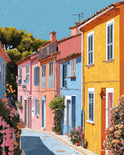 Obraz na płótnie Charming colorful street with pastel houses and shutters – Mediterranean village illustration w salonie
