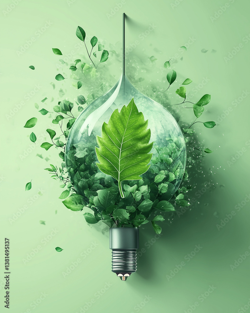 Eco energy concept with green leaf inside light bulb – sustainability illustration