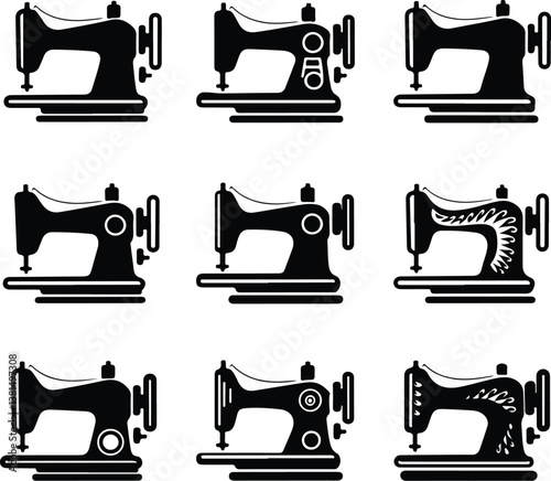 Hand Sewing Machine Silhouette | Retro Stitching and Fashion Design Vector Collection Hand Sewing Machine Silhouette | Vintage and Classic Tailoring Equipment Illustration