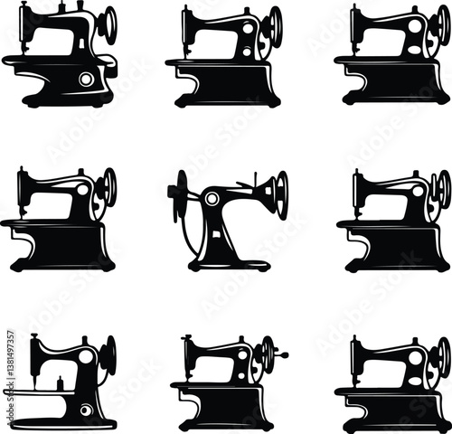 Hand Sewing Machine Silhouette | Retro Stitching and Fashion Design Vector Collection Hand Sewing Machine Silhouette | Vintage and Classic Tailoring Equipment Illustration