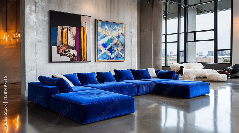 Bold electric blue modular sofa in modern interior with concrete wall