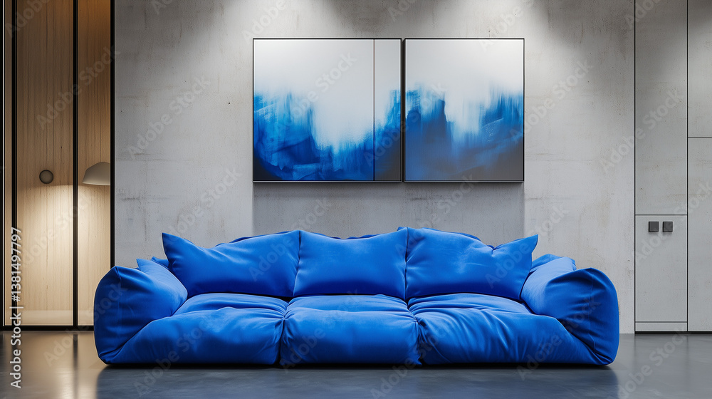 Bold electric blue modular sofa in modern interior with concrete wall