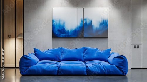 Bold electric blue modular sofa in modern interior with concrete wall