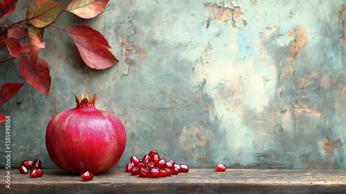 pomegranate on old wooden background photo