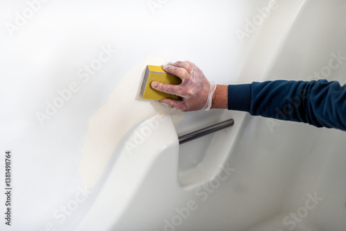 Εκτύπωση καμβά Man in bathroom tub wall white painted plastic doing remodeling renovation clean