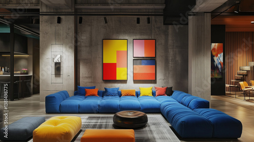 Bold electric blue modular sofa in modern interior with concrete wall