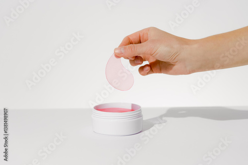 Female hand holding pink hydrogel patch over jar of patches on white isolated background. Concept of beauty products, skin care under eyes, reduction of dark circles and wrinkles.