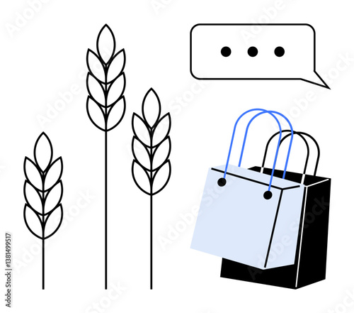 Wheat stalks growth, shopping bags, and chat bubble symbolizing the digital connection between agriculture and e-commerce. Ideal for retail, online shopping, agritech, communication, digital
