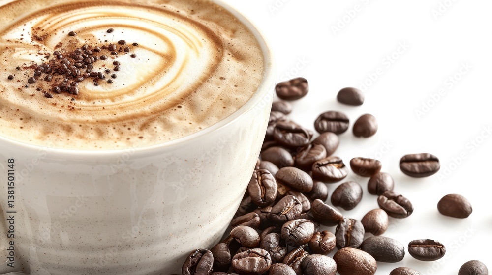 Espresso cup with delicate latte art resting on coffee beans, representing deep flavor, warmth, and the essence of coffee culture in an inviting atmosphere. Espresso cup with delicate latte art resting on coffee beans, representing deep flavor, warmth, and the essence of coffee culture in an inviting atmosphere.