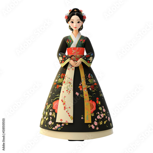 3D representation of a Hanbok dress with intricate details, white background

