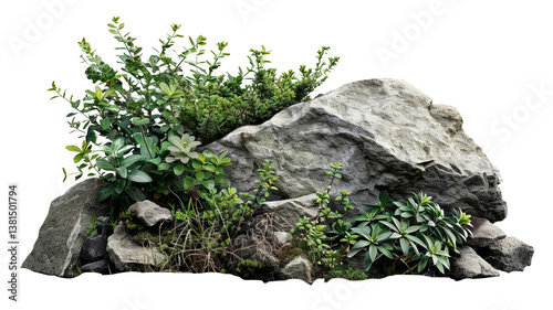 Large rocks with overgrown foliage and moss, plants and foliage around, green nature on white or transparent background png.

