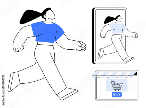 Person running with confidence enters a mobile screen, emphasizing modern e-commerce. Ideal for online shopping, digital retail, e-commerce applications, mobile marketplaces, consumer behavior