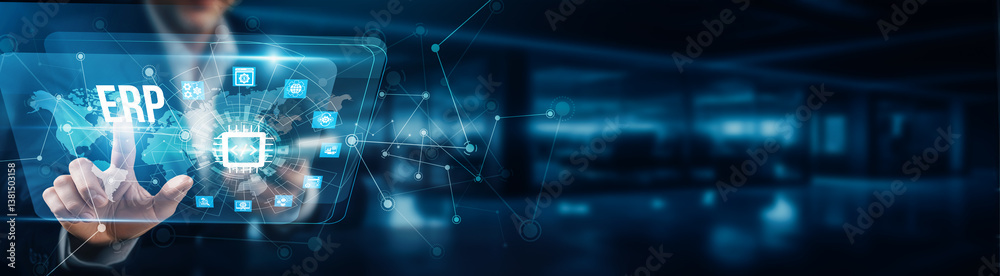 Businessman hand touching virtual graphical interface of Enterprise Resource Planning (ERP) automation integration real-time data financial management supply chain optimization streamlined workflows.