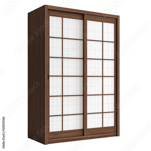 Elegant Japanese-style wooden wardrobe with sliding shoji doors and grid panels, ideal for minimalist or Zen interiors.