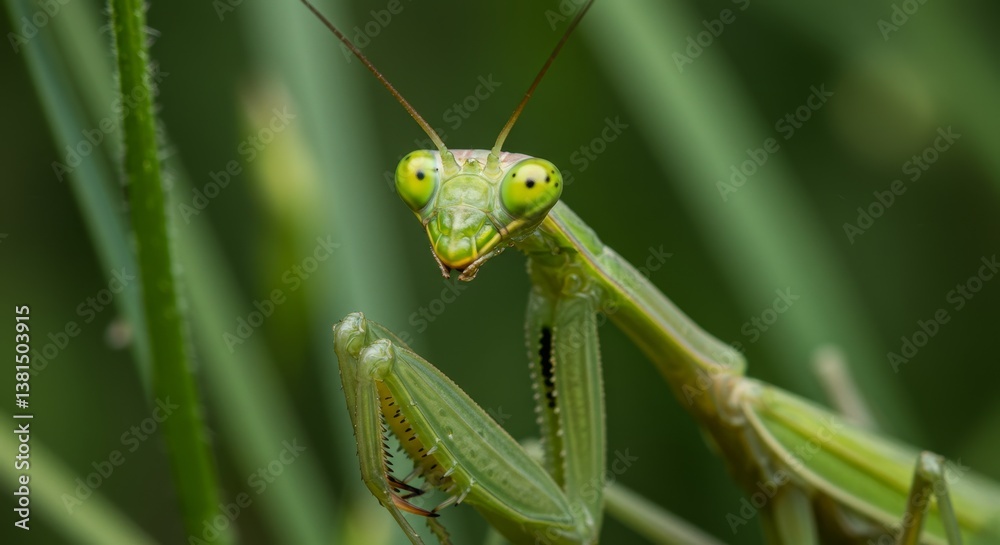 Green Mantis Close Up - A vibrant green mantis, eyes wide, intricate details, natural habitat, daylight. Symbolizing nature, camouflage, patience, predatory instinct, and life Green Mantis Close Up - A vibrant green mantis, eyes wide, intricate details, natural habitat, daylight. Symbolizing nature, camouflage, patience, predatory instinct, and life