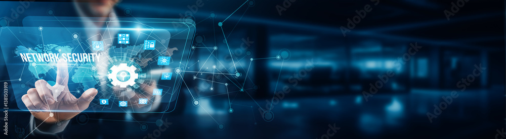 Businessman's hand is touching the virtual graphical interface of Network Security to prevent unauthorized access, detect cyber threats, ensure data protection, and safeguard infrastructure.