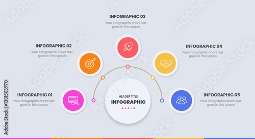 5 Step Infographics Design Template, circle diagram, Modern Business Infographic elements, colorful circle workflow slide template,  Timeline minimalist infographic template, Mind Map Template design