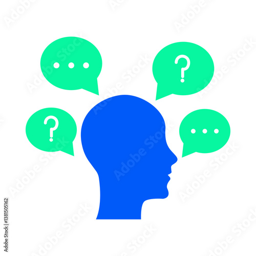 Vector icon for Critical Thinking. Mind with thought bubbles and gears, representing analysis, problem-solving, and logical decision-making.