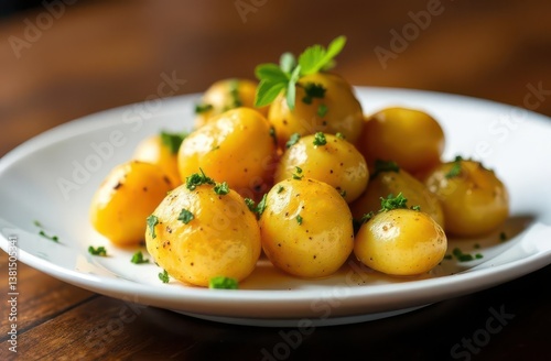 Tasty Baby Potatoes with Herbs on White Plate