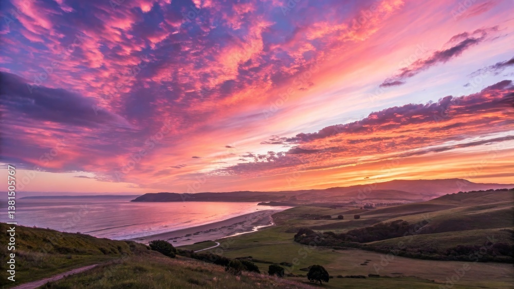 Fototapeta premium Breathtaking sunset colors paint quiet landscape coastal viewpoint nature photography evening serenity above tranquil hills