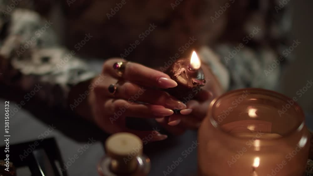 fortune teller twirls a magic black candle in her hands